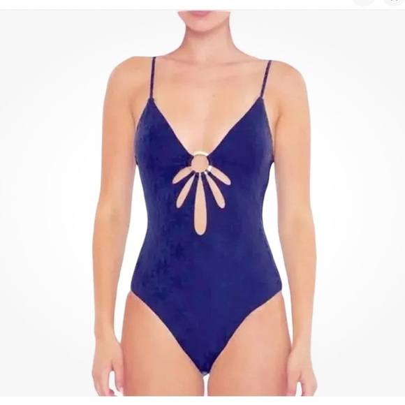 Trina Turk NWT JOPLIN JACQUARD PETAL CUTOUT PLUNGE ONE PIECE SWIMSUIT sz 10 Blue - Picture 1 of 7